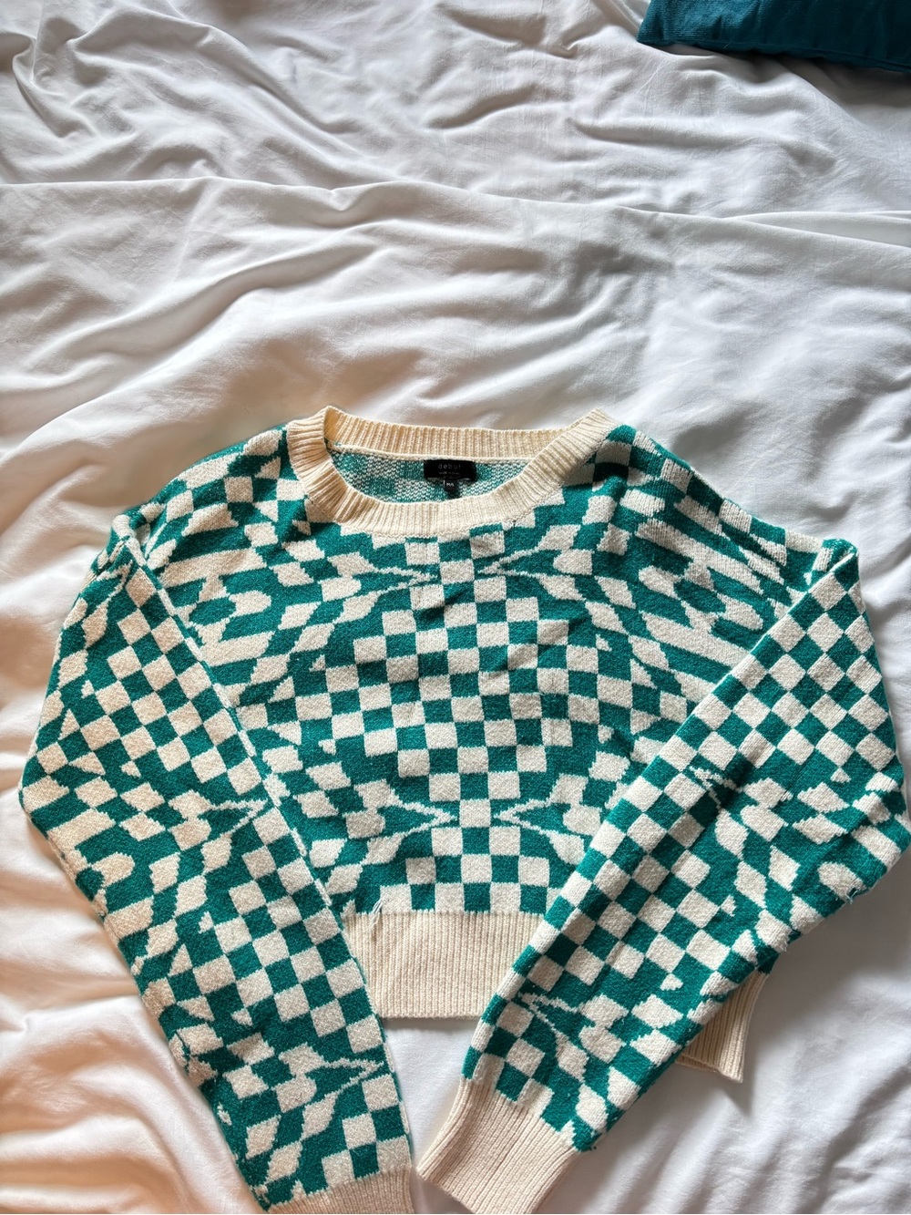 Checkerboard Crewneck Crop Sweater in Green & Cream